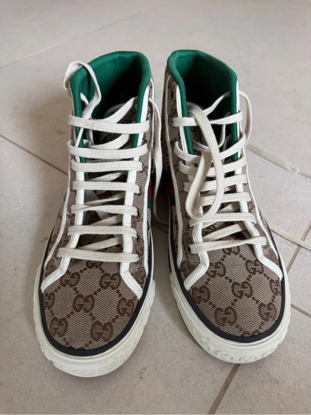 Gucci Beige GG Canvas High-Top Sneakers with Green and Red Stripe